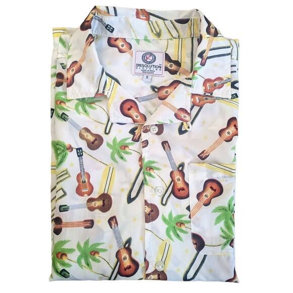 Excellent Condition ONE RESOLUTION Floral & Guitar Hawaiian Shirt Size SMALL - Picture 2 of 4